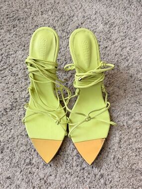 SCHUTZ Neon Lime Lace-Up Pointed Toe Sandals with Gold Cap